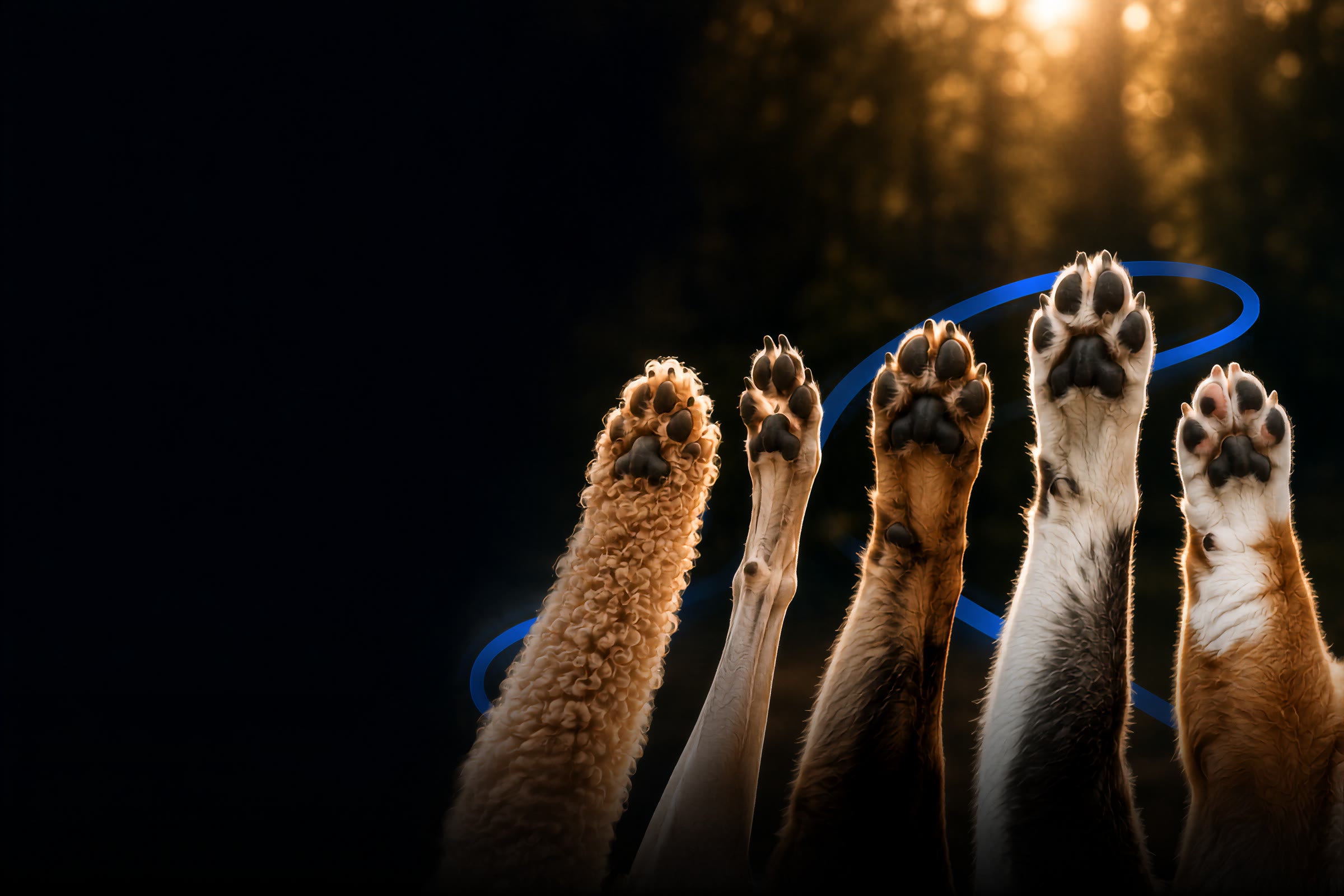 Five dogs' paws raised together toward a golden, backlit forest, encircled by a Signal Blue ring.